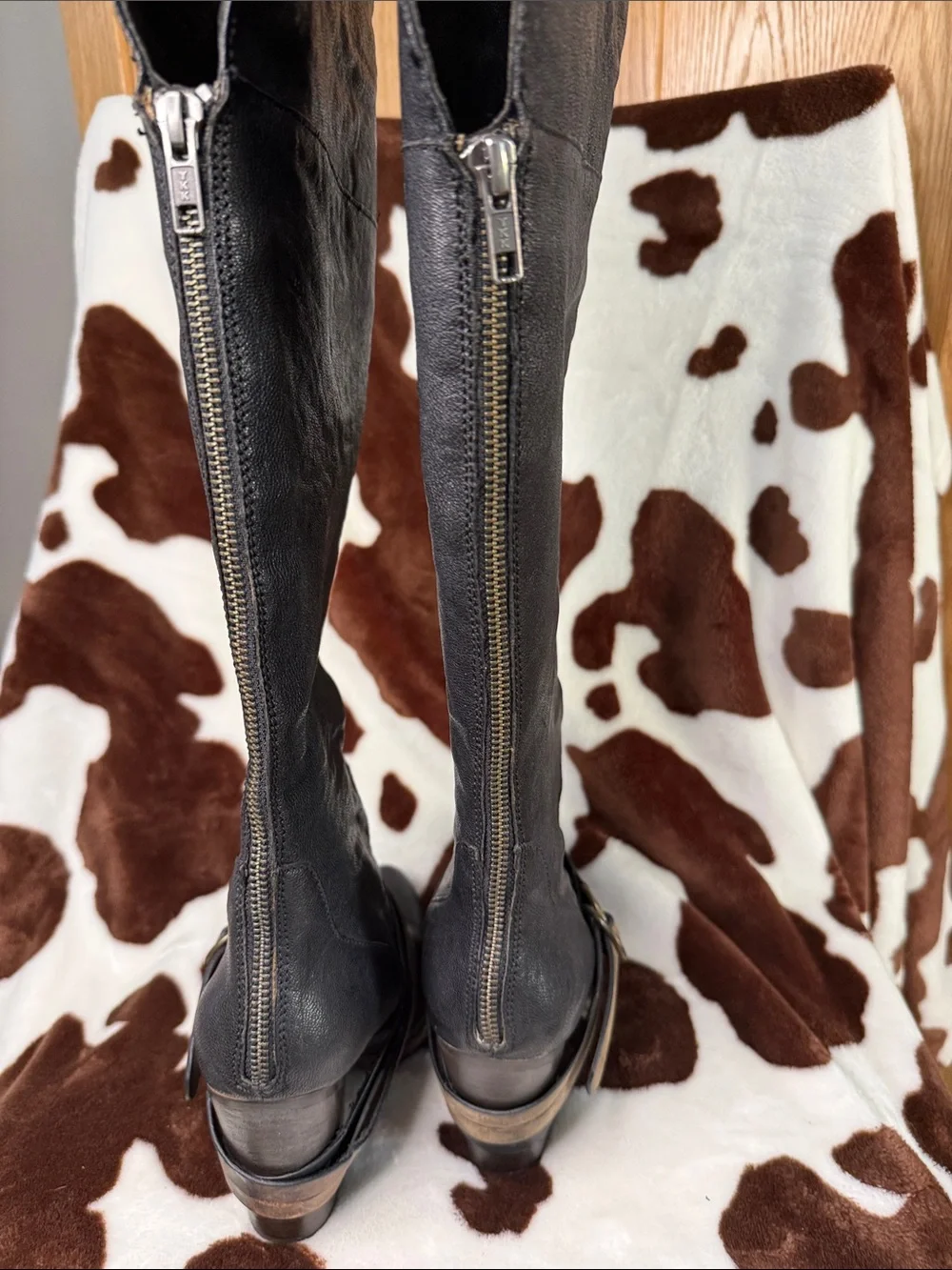 Steve Madden Black Over-the-Knee Leather Boots with Brown Buckle Strap